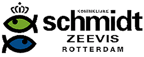 Logo Koninklijke Schmidt Zeevis Rotterdam Met Gestileerde Vissen In Groen En Blauw